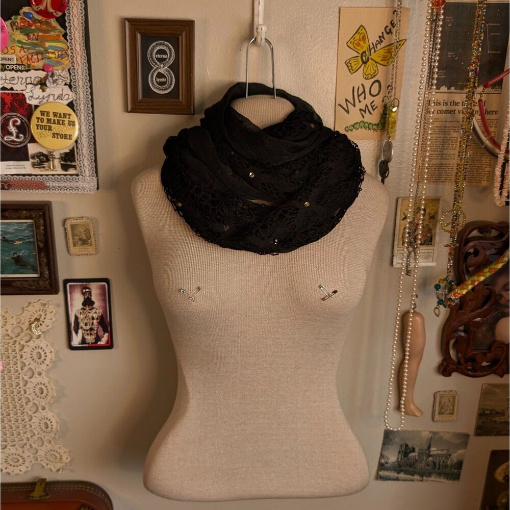 Rhinestone Black Lace Fishnet Infinity Scarf